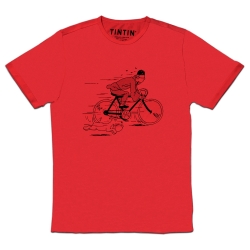 T-shirt Moulinsart Tintin fleeing on a bike with Snowy - Red (2018)
