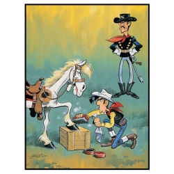 Postcard Lucky Luke: Waxing the hooves of Jolly Jumper (10x15cm)